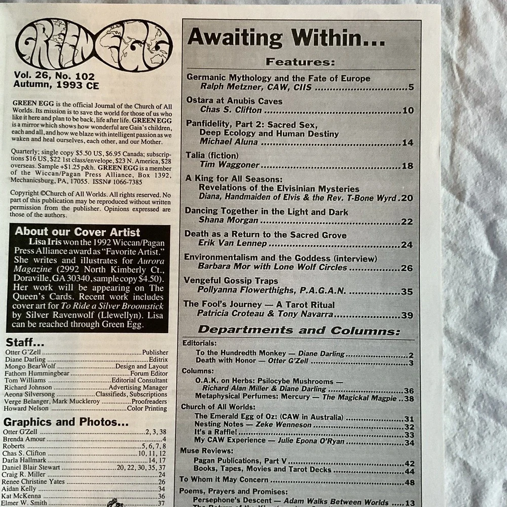 GREEN EGG MAGAZINE- Wiccan Magazine Vol XXVI #102 Autumn 93